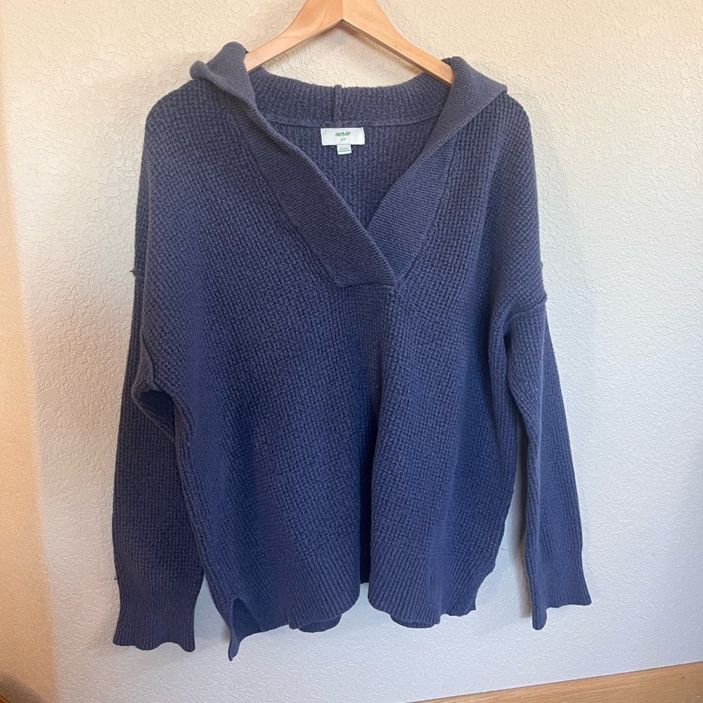 Aerie CozyUp Waffle Sweater Hoodie - Deep Blue - Picture 2 of 10